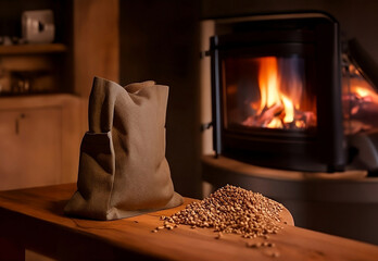 Wood pellet bag, modern stove, cozy eco-heating, sharp details, warm colors. Generative AI