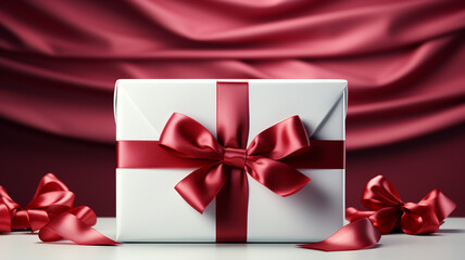 Caja de regalo de color blanco con cinta de color rojo. Aislado en fondo rojo con flores.