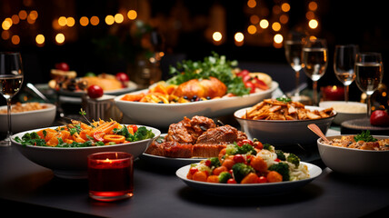 Cena de Navidad. Mesa llena de platos con comida y aperitivos, decoración de Año Nuevo con un árbol de Navidad en el fondo. - obrazy, fototapety, plakaty