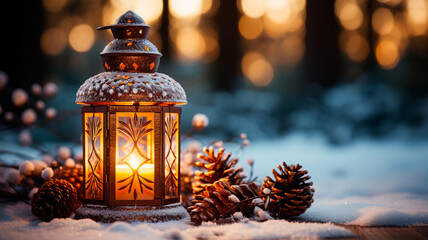 Linterna de Navidad en la nieve con la rama de abeto en la luz del sol. Decoración Invernal - obrazy, fototapety, plakaty