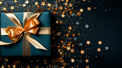 Caja de regalo azul oscuro con cinta de raso dorada sobre fondo oscuro. Vista superior de regalo de cumpleaños o Navidad. - obrazy, fototapety, plakaty