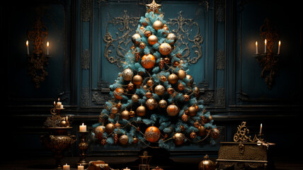 Árbol de navidad con decoraciones y luces. - obrazy, fototapety, plakaty