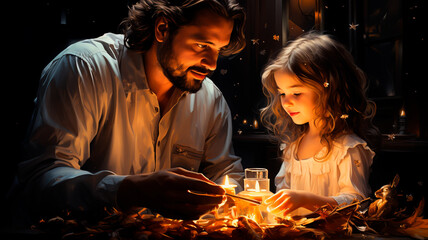 Padre e hija decorando un árbol de Navidad - obrazy, fototapety, plakaty