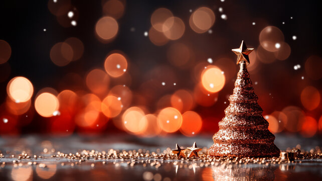 Fondo de Navidad con el &aacute;rbol de Navidad y las luces del bokeh en fondo rojo. Feliz tarjeta de Navidad. Vacaciones de invierno. Feliz a&ntilde;o nuevo. 