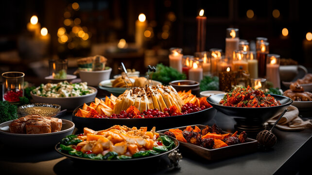 Cena de Navidad. Mesa llena de platos con comida y aperitivos, decoración de Año Nuevo con un árbol de Navidad en el fondo.