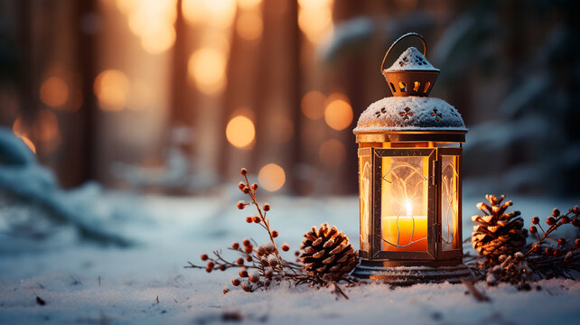 Linterna de Navidad en la nieve con la rama de abeto en la luz del sol. Decoración Invernal