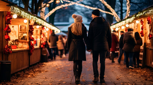 Disfrutando del Mercado de Navidad, una pareja paseando cerca de los puestos