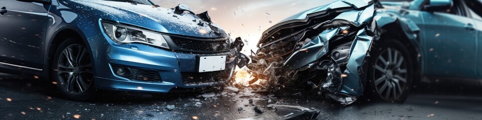 Broken car on the road. Two car crash on the highway background - obrazy, fototapety, plakaty