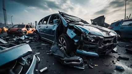 Deurstickers Broken car on the road. Two car crash on the highway background © Virtual Art Studio