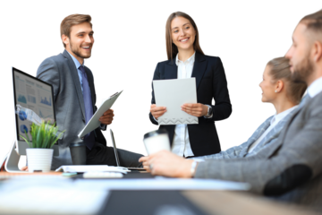 Business people analysis thinking finance growth success on meeting brainstorming, working on computers on a transparent background