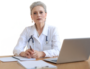 Older woman doctor therapist wearing headset video call talking to web camera consulting virtual patient online by video conference call chat on a transparent background