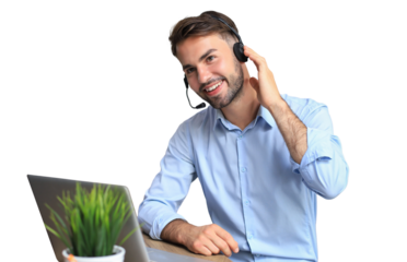 Smiling male call-center operator with headphones sitting at modern office, consulting online information in a laptop, looking up information in a file in order to be of assistance to the client on a 