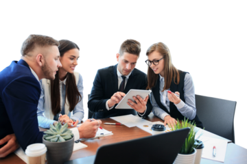 Young handsome man gesturing and discussing something while his coworkers listening to him sitting at the office table on a transparent background