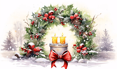 Beautiful advent wreath with candles and Christmas decoration in a winter snowy background. digital AI