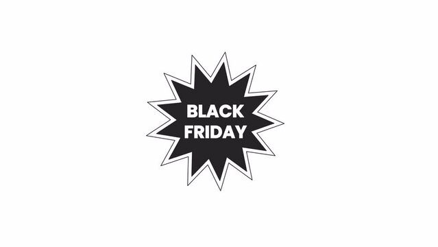 Sunburst black friday bw outline 2D promotional animation. Burst shape with indented edges monochrome linear cartoon 4K video, promo special offer. Animated sticker isolated on white background