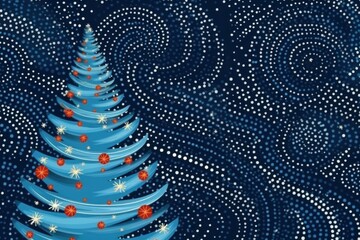illustration christmas New Year creative retro curved tree on a blue background with space for text with dots and lines - obrazy, fototapety, plakaty