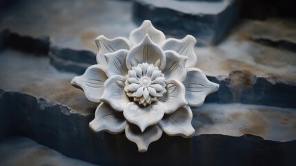 Grey granite stone carving depicting a sacred lotus flower in bloom outside in a tranquil and peaceful zen garden, close up macro.   - obrazy, fototapety, plakaty