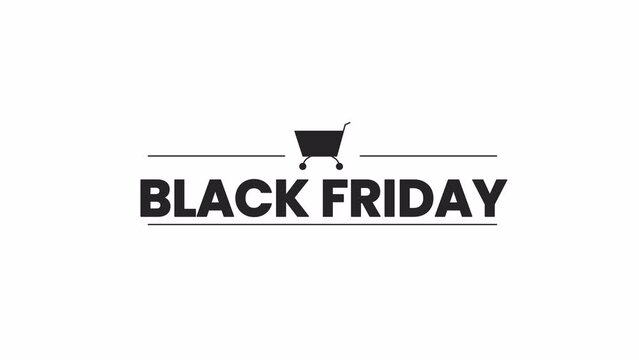 Black friday trolley bw outline 2D promotional animation. Campaign monochrome linear cartoon 4K video, promo offer. Purchasing shopping cart animated marketing sticker isolated on white background