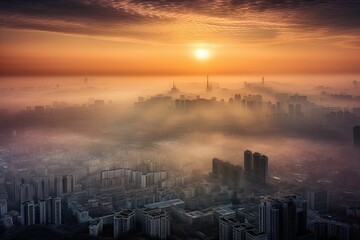 Fototapeta premium Golden hour bliss. Beautiful skyline with city at sunrise background. Urban symphony. City lights in morning fog. Cityscape elegance