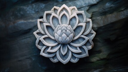 Colorful stone carving depicting a sacred lotus flower in bloom outside in a tranquil and peaceful zen garden, close up macro.  