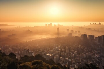 Naklejka premium Golden hour bliss. Beautiful skyline with city at sunrise background. Urban symphony. City lights in morning fog. Cityscape elegance