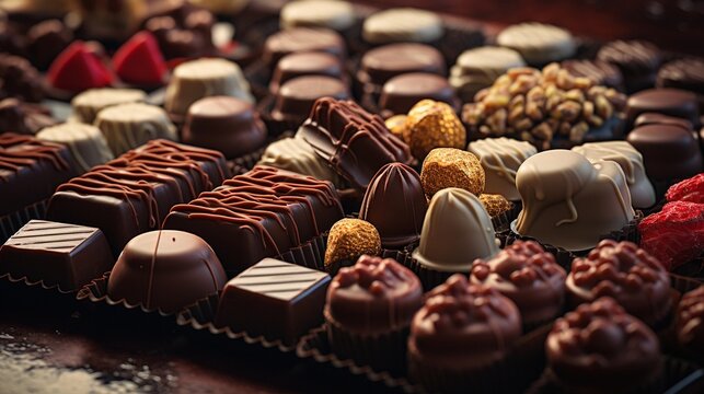 An image displaying a variety of chocolates suitable for different occasions, allowing space for text, background image, generative AI