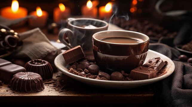 An image pairing exquisite chocolates with a cup of freshly brewed coffee or hot cocoa, background image, generative AI