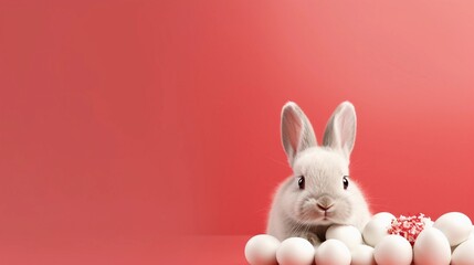 cute easter bunnies on a light red background with space for text on the side, background image, generative AI