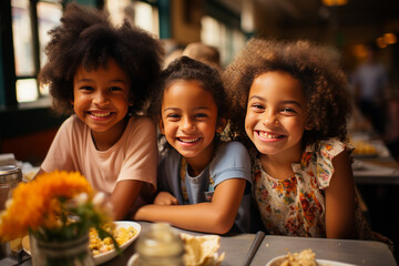Fototapeta premium Joyful children enjoying lunch in vibrant yellow cafeteria.