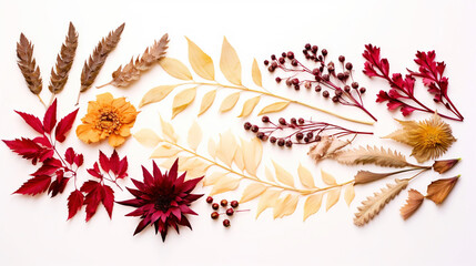 Autumn composition. Dried leaves, flowers, rowan berries on white background. Flat lay, top view. Generative AI - obrazy, fototapety, plakaty