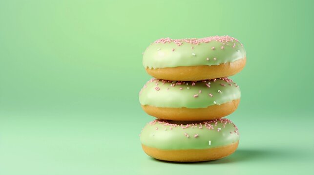 delicious donuts on a light green background with space for text on the side, background image, generative AI