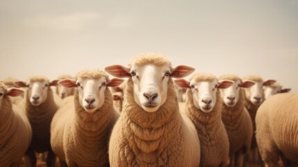 herd of sheeps on a light brown background with space for text, background image, generative AI