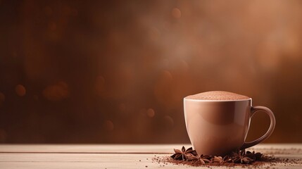 Obraz premium hot chocolate drink on a light brown background with space for text on the side, background image, generative AI