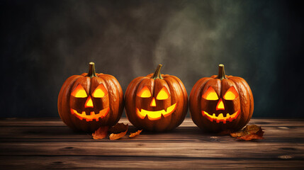 Fototapeta premium Jack-o-lantern pumpkins, candles, garland. Cute Halloween background. Generative AI