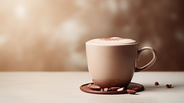 hot chocolate drink on a light brown background with space for text on the side, background image, generative AI