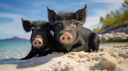 Two black pigs lying on the beach on a sunny summer day