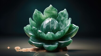 Green jade stone carving depicting a sacred lotus flower in bloom outside in a tranquil and...