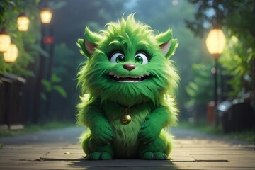 Naklejka premium Cute green monster 3D cartoon character. Generative Ai.