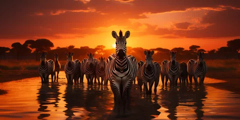 Schilderijen op glas Group of wild zebras at sunset park landscape Zebras group in the forest with beautiful sunset background with trees Ai Generative © Hafiz
