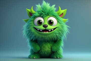 Cute green monster 3D cartoon character. Generative Ai.