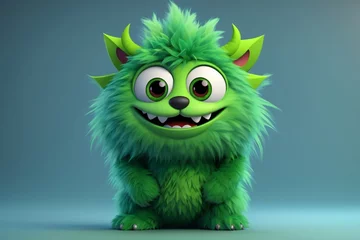 Cute green monster 3D cartoon character. Generative Ai. © kapros76