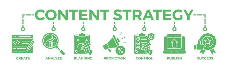 Content strategy banner web icon glyph silhouette with icon of create, analyze, planning, promotion, control, publish and success