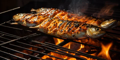 Foto op Canvas White Fish Whole Pictures, Images and Stock Photos Fin Fish on BBQ Two whole fish grilling on a glowing night barbecue on fire stock photo with night view background  Ai Generative  © Hafiz