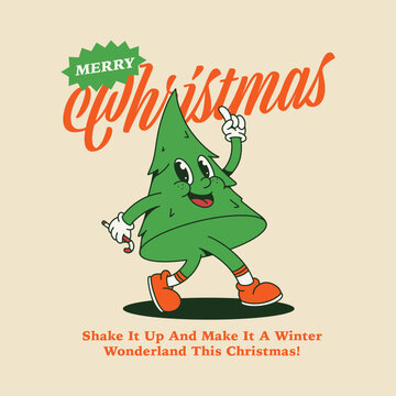 CHRISTMAS TREE RETRO MASCOT CARTOON ILLUSTRATION