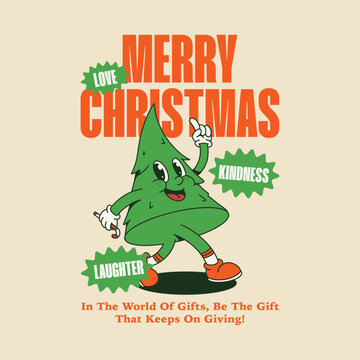 CHRISTMAS TREE RETRO MASCOT CARTOON ILLUSTRATION