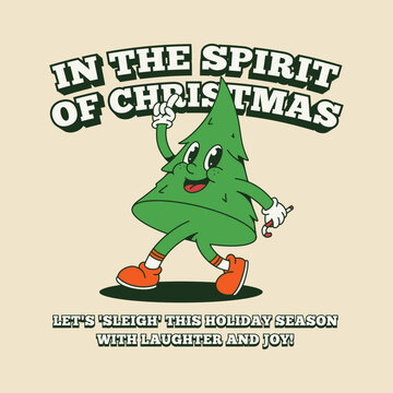 CHRISTMAS TREE RETRO MASCOT CARTOON ILLUSTRATION