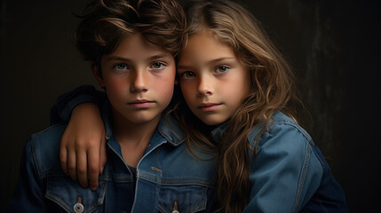 portrait studio d'un garçon et d'une jeune fille qui sont frère et soeur