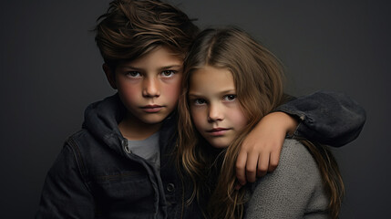 portrait studio d'un garçon et d'une jeune fille qui sont frère et soeur - obrazy, fototapety, plakaty