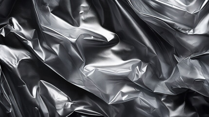 Transparent wrinkled plastic wrap on black background. Crumpled dark thin plastic backdrop. Generative AI
