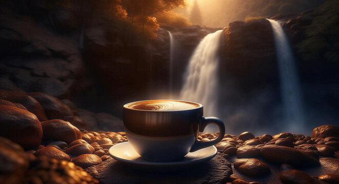 Coffee cup, View of the waterfall. Coffee beans, coffee image, fresh coffee, ground coffee, hot beverage, coffee energy. creative image. Generative AI.